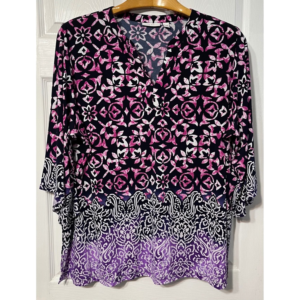 Susan‎ Graver Women's Tri-tone Floral Print Tunic Top 3XP Navy Pink Purple